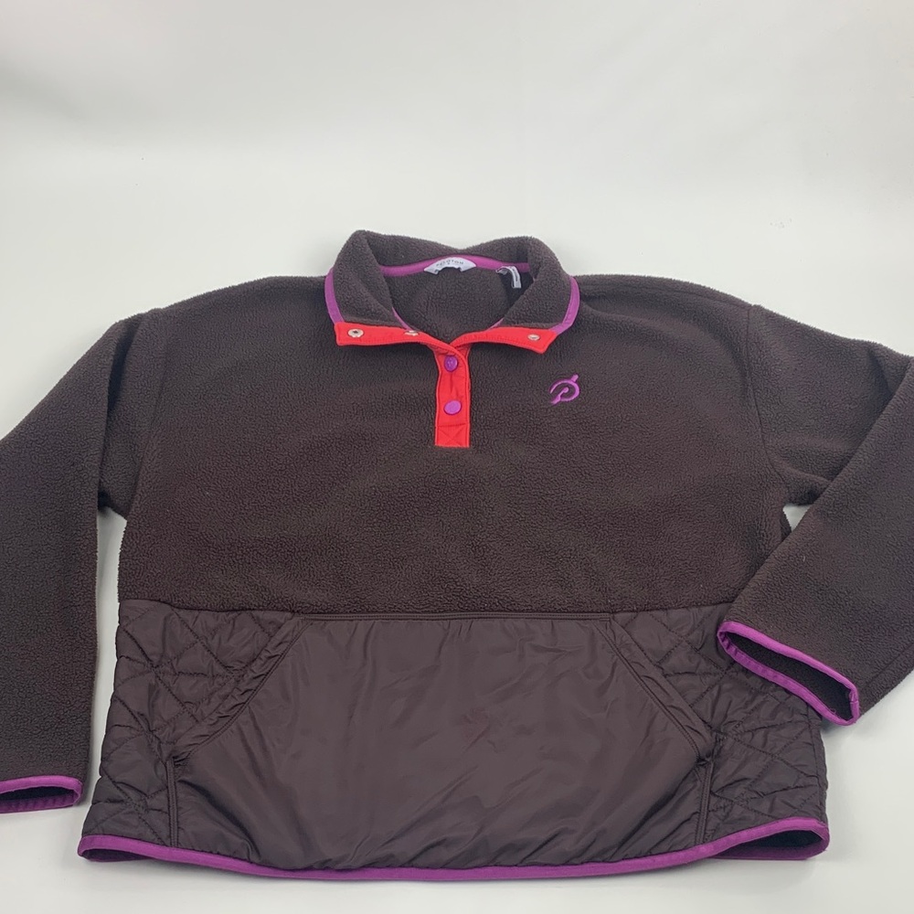 Peloton Brown Fleece Pink Purple Trim Pullover Sweatshirt Quarter Button Small
